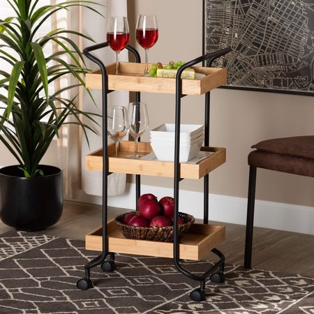 BAXTON STUDIO Baxter Modern & Contemporary Oak Brown Finished Wood and Black Metal 3-Tier Mobile Kitchen Cart 207-12098